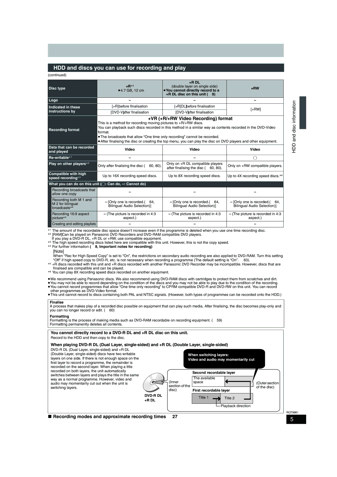 Panasonic DMR-EH575 operating instructions +VR +R/+RW Video Recording format, HDD and disc information, +R Dl, +Rw 