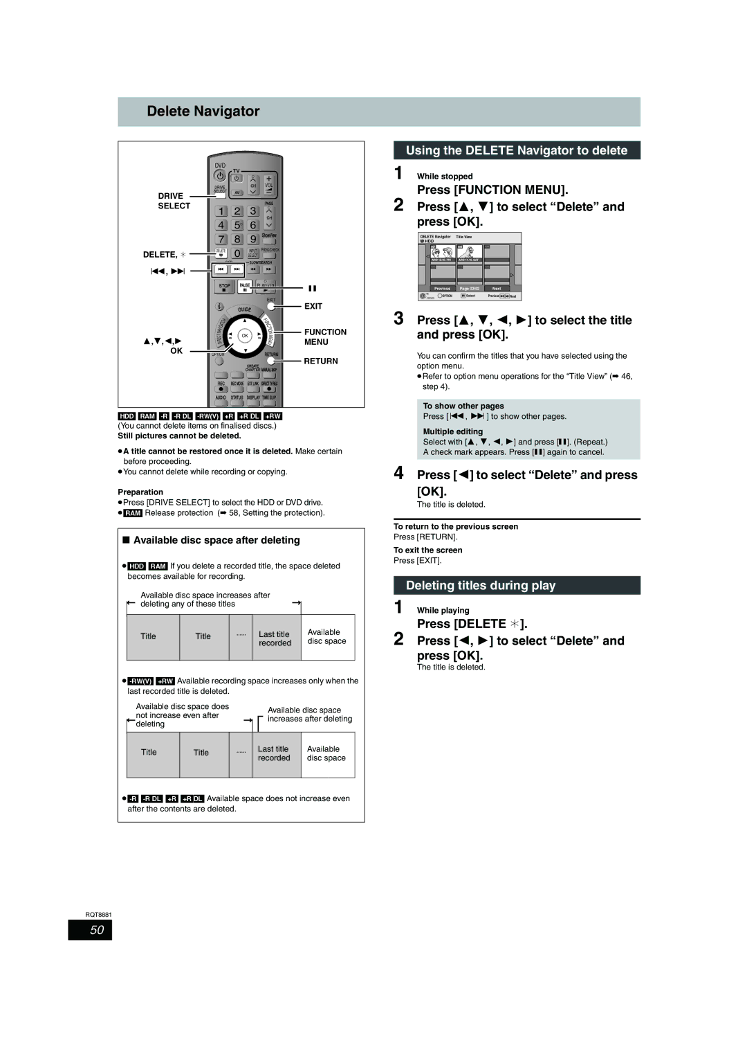 Panasonic DMR-EH575 Delete Navigator, Deleting titles during play, Press Delete ¢, Available disc space after deleting 