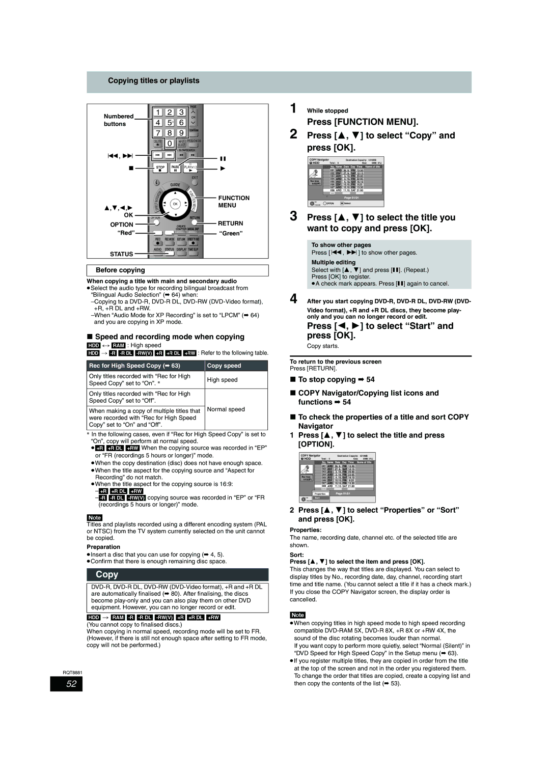 Panasonic DMR-EH575 Copying titles or playlists, Speed and recording mode when copying, To stop copying, Before copying 