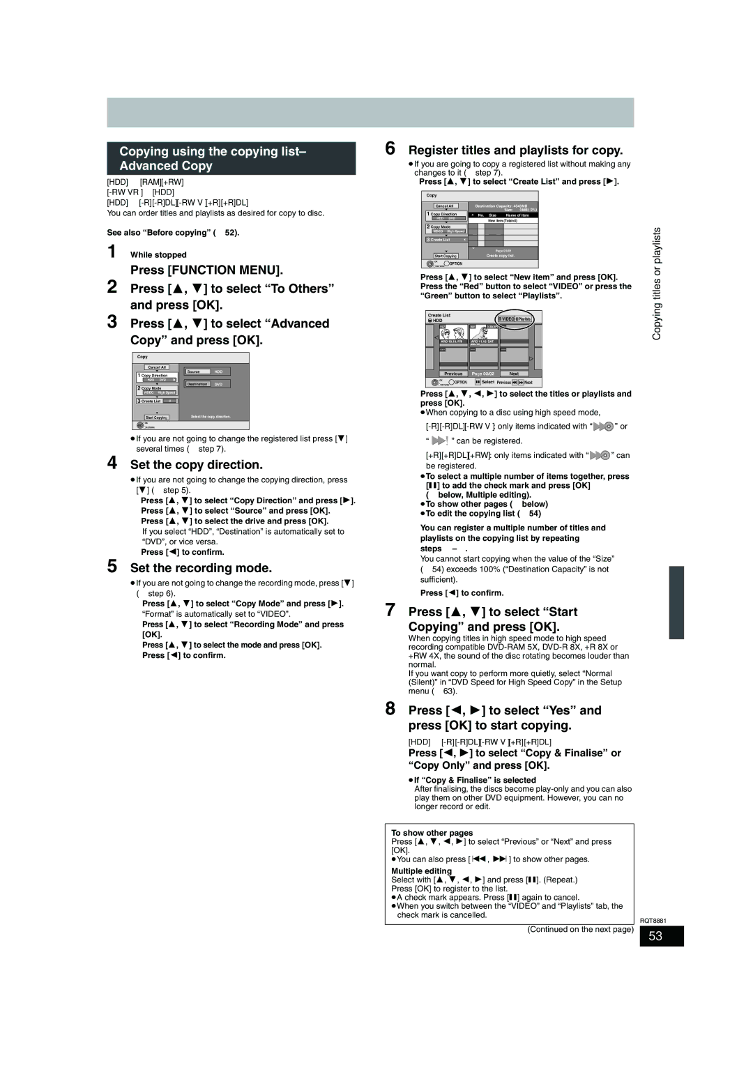 Panasonic DMR-EH575 operating instructions Copying using the copying list- Advanced Copy 