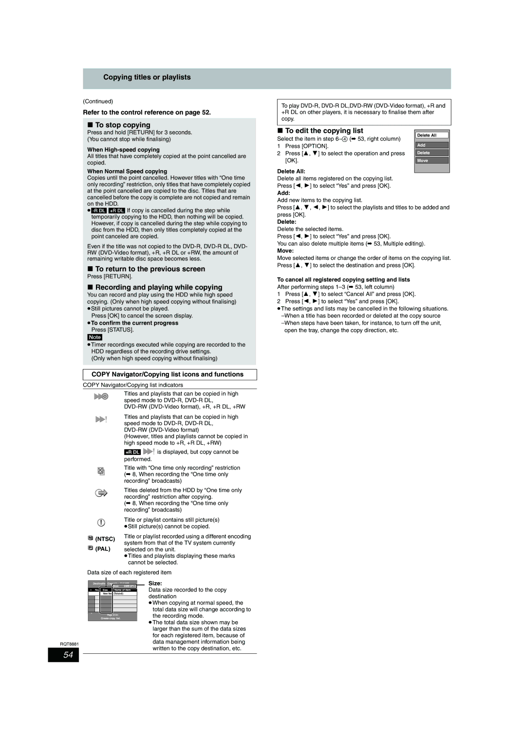 Panasonic DMR-EH575 To return to the previous screen, Recording and playing while copying, To edit the copying list, +Rdl 