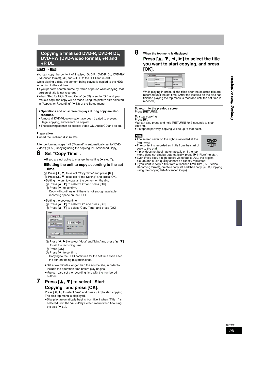 Panasonic DMR-EH575 Set Copy Time, Setting the unit to copy according to the set time, Dvd-V Hdd, Reached 