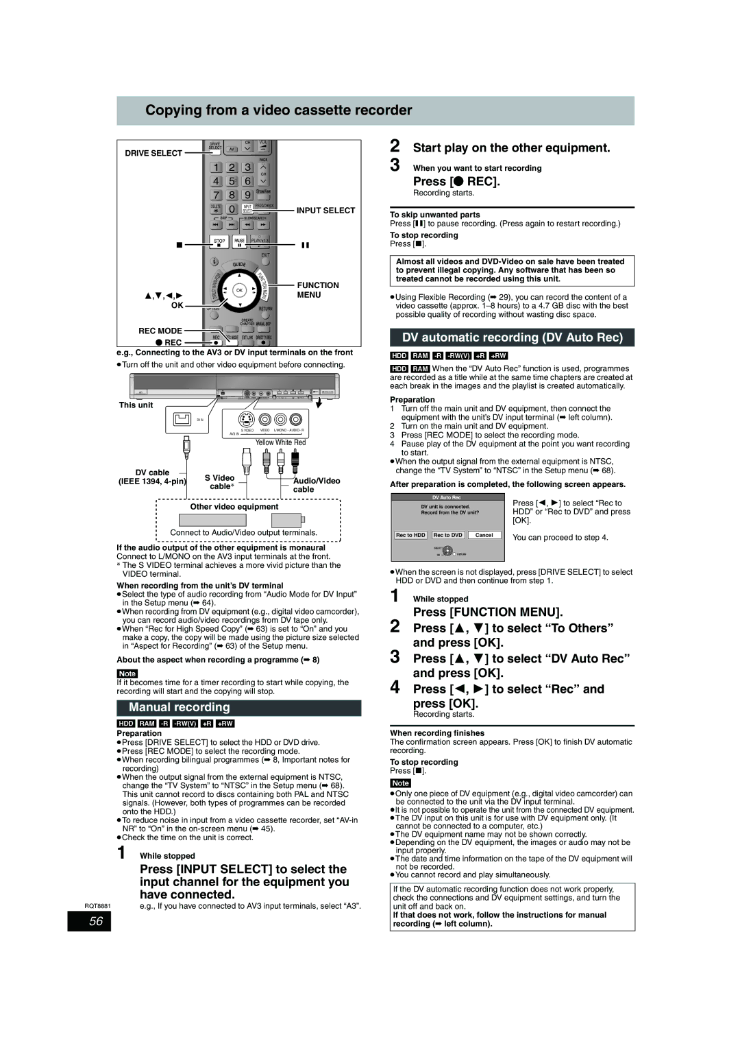 Panasonic DMR-EH575 Copying from a video cassette recorder, DV automatic recording DV Auto Rec, Manual recording 