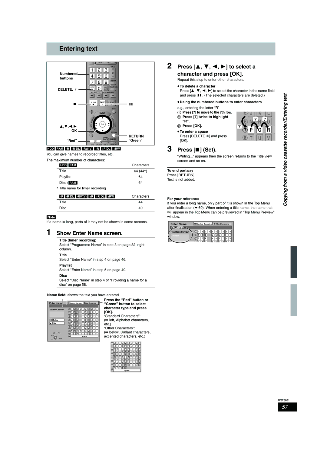 Panasonic DMR-EH575 Entering text, Show Enter Name screen, Press 3, 4, 2, 1 to select a character and press OK, Press Set 