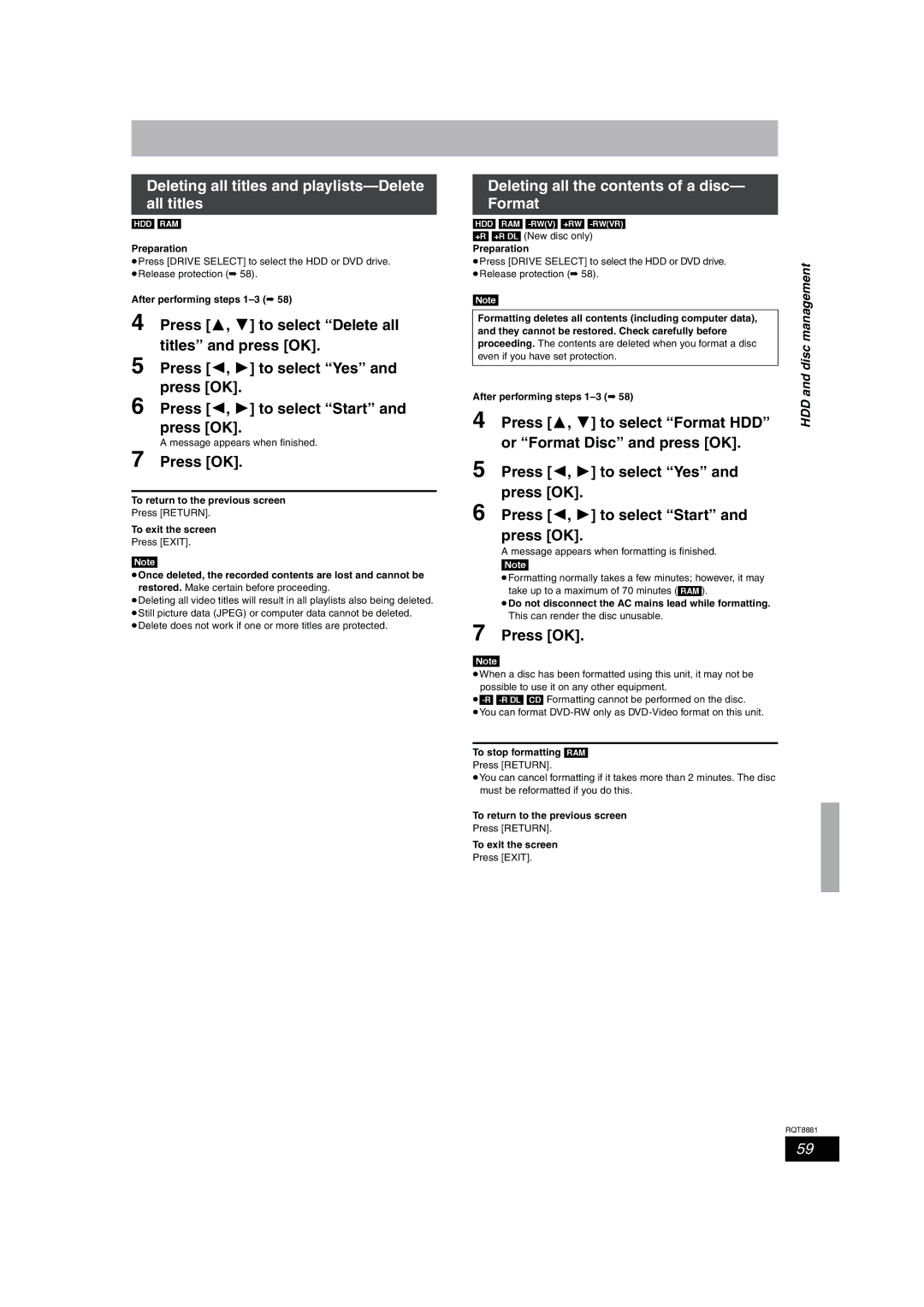 Panasonic DMR-EH575 Deleting all titles and playlists-Delete all titles, Deleting all the contents of a disc- Format 