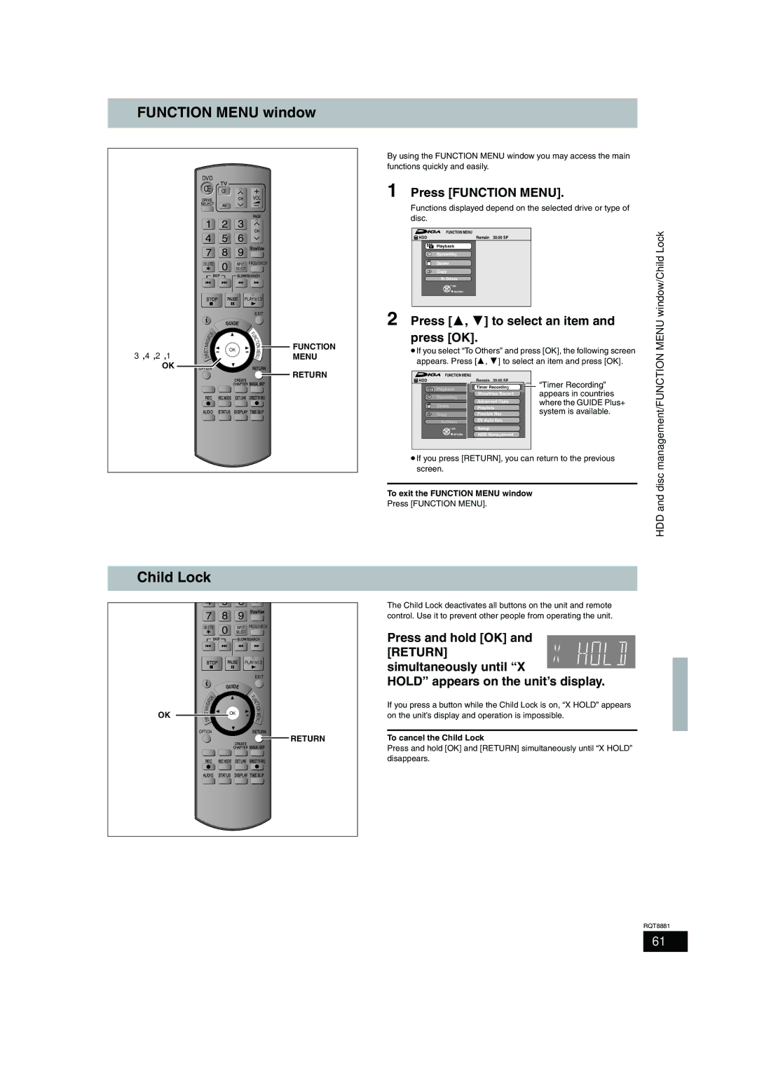 Panasonic DMR-EH575 Function Menu window, Child Lock, Press 3, 4 to select an item, Hold appears on the unit’s display 