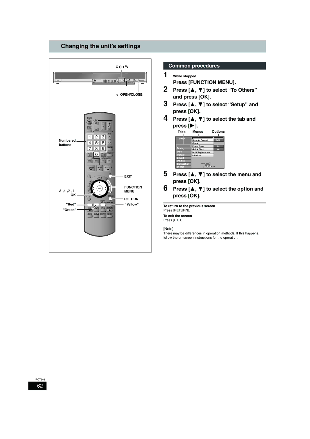 Panasonic DMR-EH575 operating instructions Changing the unit’s settings, Open/Close, Tabs Menus Options 