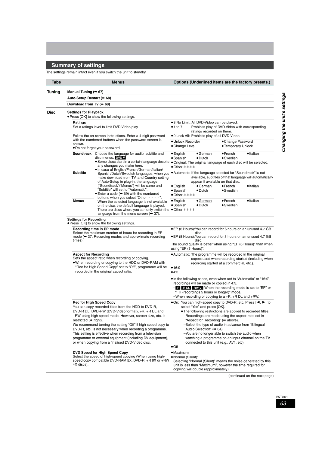 Panasonic DMR-EH575 operating instructions Summary of settings, Changing the unit’s settings, Disc 