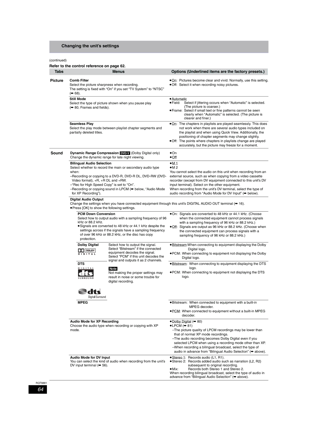 Panasonic DMR-EH575 operating instructions Changing the unit’s settings, Sound, Dts, Mpeg 