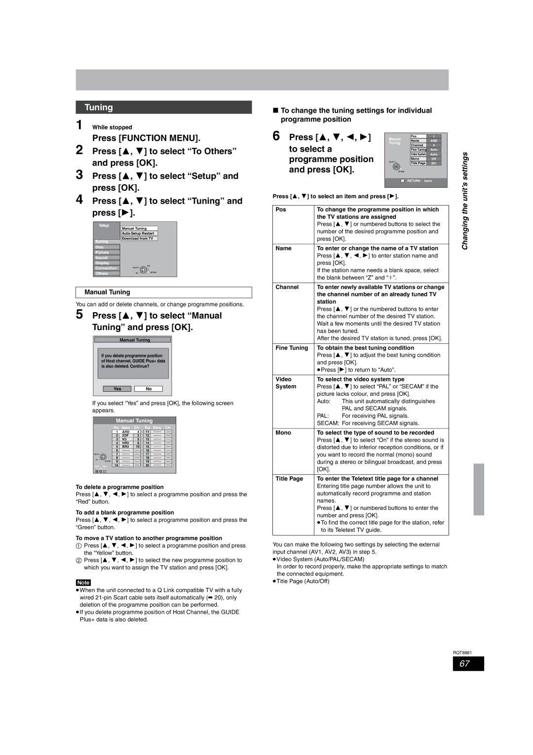 Panasonic DMR-EH575 Press 3, 4 to select Manual Tuning and press OK, Press 3, 4, 2, To select a, Programme position 