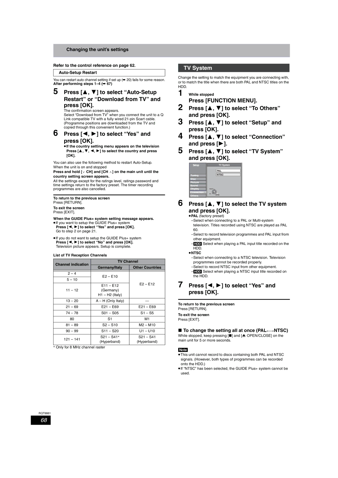 Panasonic DMR-EH575 operating instructions TV System, Press 3, 4 to select the TV system and press OK 