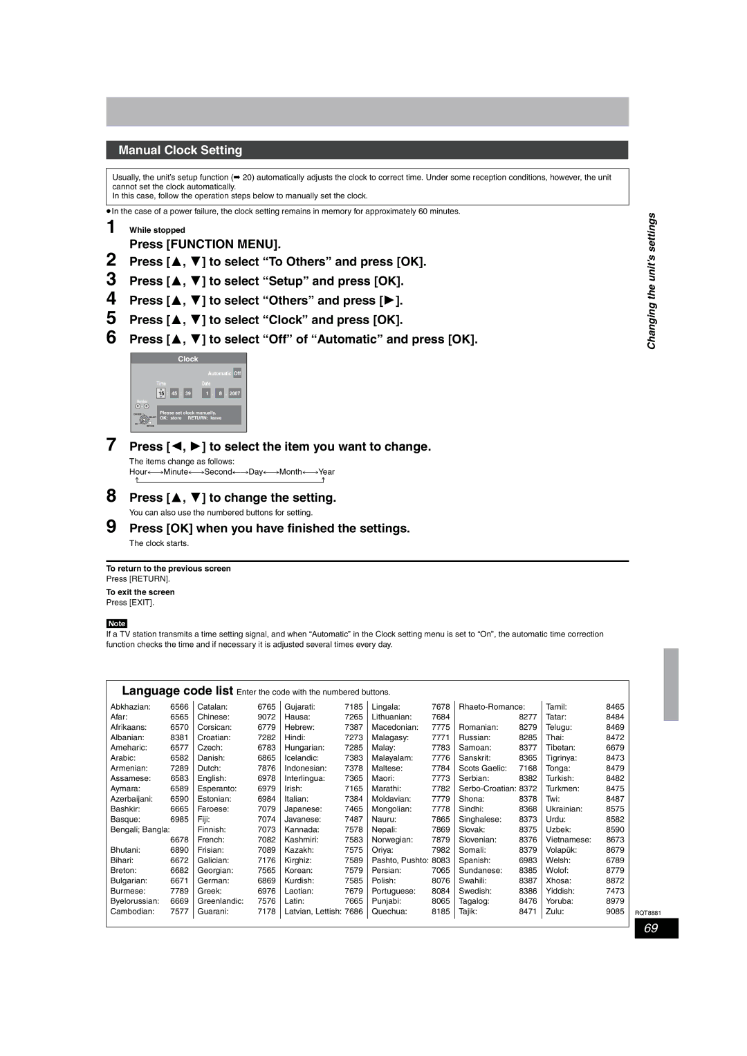 Panasonic DMR-EH575 operating instructions Manual Clock Setting, Press 2, 1 to select the item you want to change 