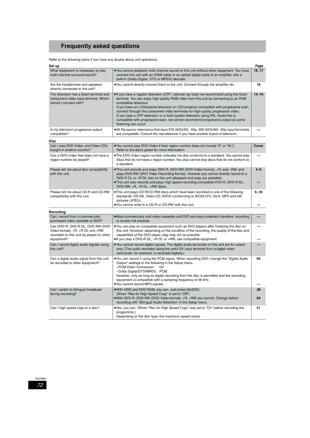 Panasonic DMR-EH575 operating instructions Frequently asked questions, Set up, 14-16, Cover 