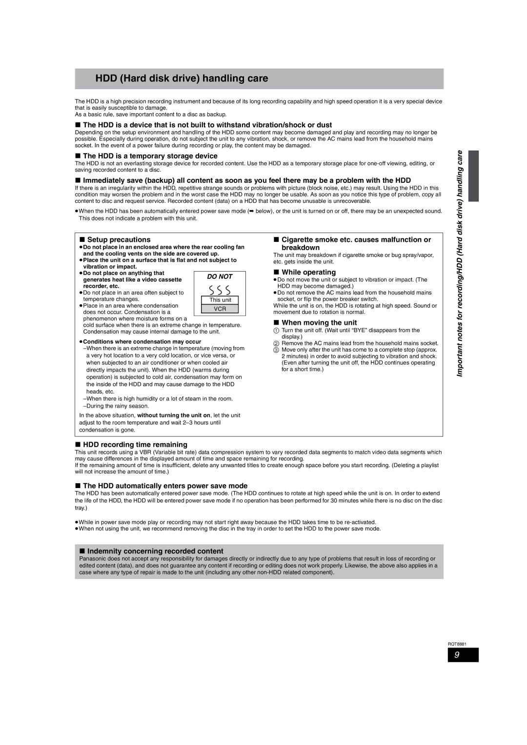 Panasonic DMR-EH575 HDD Hard disk drive handling care, Disk drive handling care, Important notes for recording/HDD Hard 