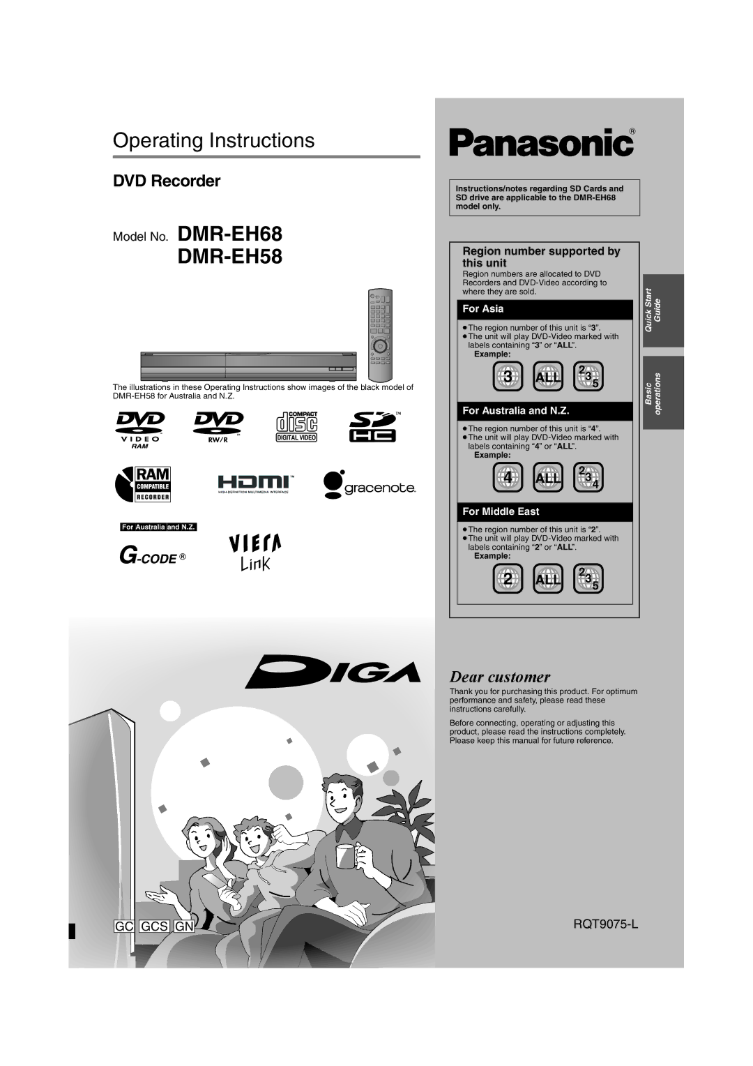 Panasonic DMR-EH58 operating instructions Model No. DMR-EH68, RQT9075-L, Example 