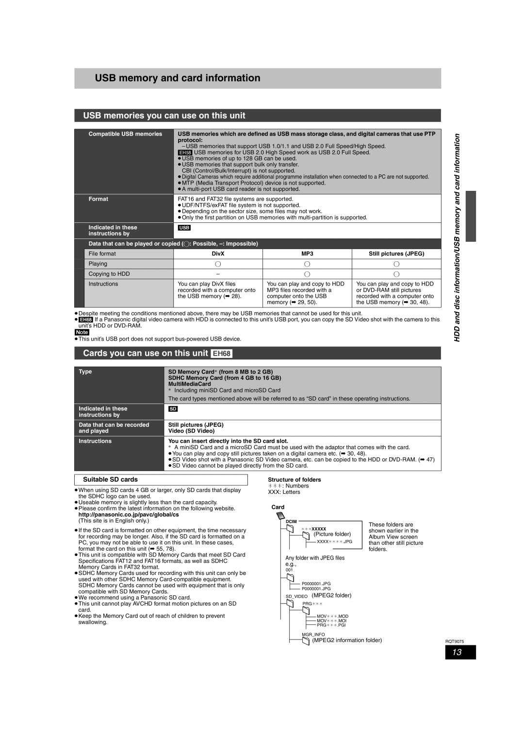 Panasonic DMR-EH68, DMR-EH58 USB memory and card information, USB memories you can use on this unit, Suitable SD cards 
