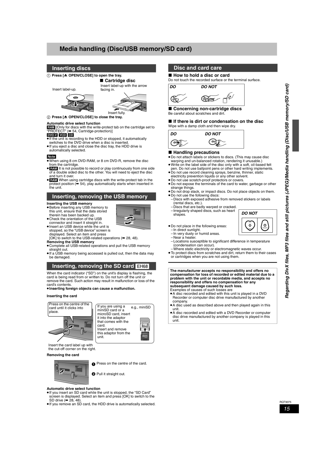 Panasonic DMR-EH68, DMR-EH58 Media handling Disc/USB memory/SD card, Inserting discs, Inserting, removing the USB memory 