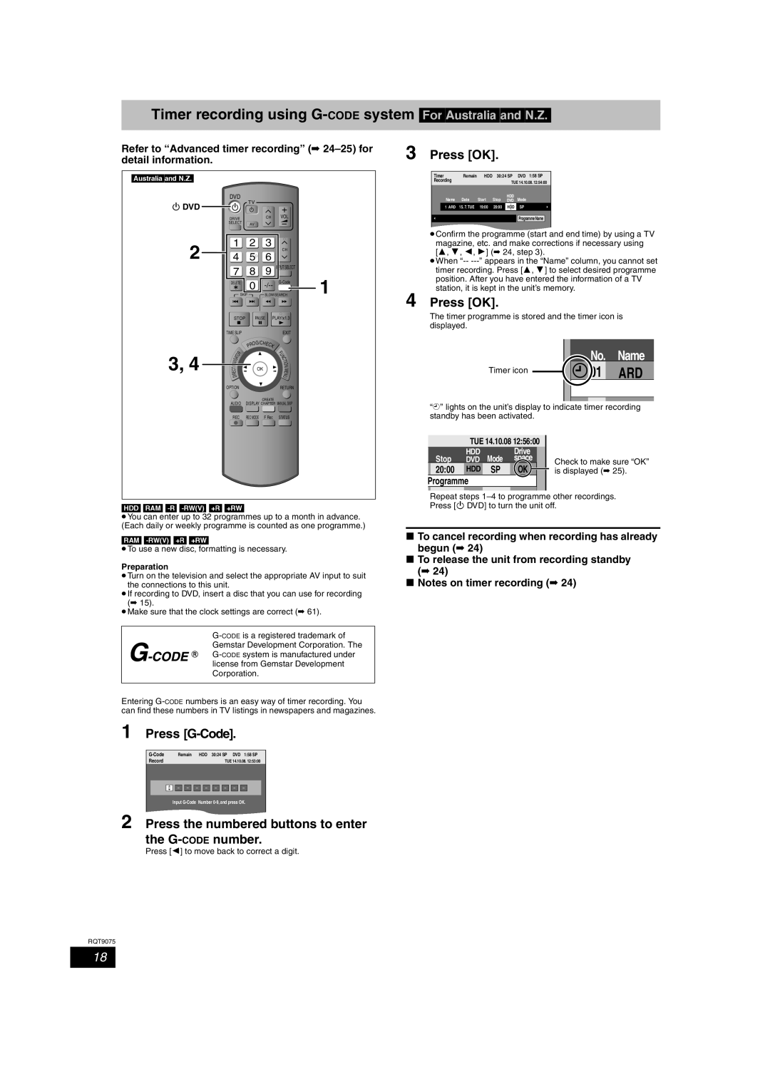 Panasonic DMR-EH58, DMR-EH68 Timer recording using G-CODEsystem ForAustraliaandN.Z, Press OK, Press G-Code, Programme 