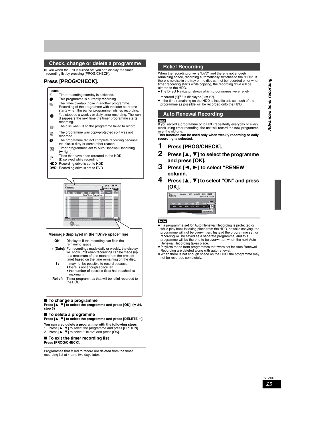 Panasonic DMR-EH68 Check, change or delete a programme, Relief Recording, Auto Renewal Recording, Advanced timer recording 