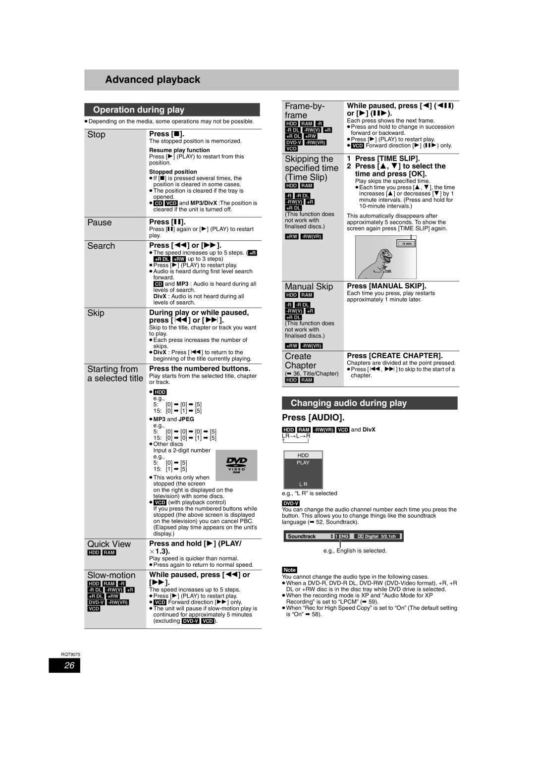 Panasonic DMR-EH58, DMR-EH68 operating instructions Advanced playback, Operation during play, Changing audio during play 