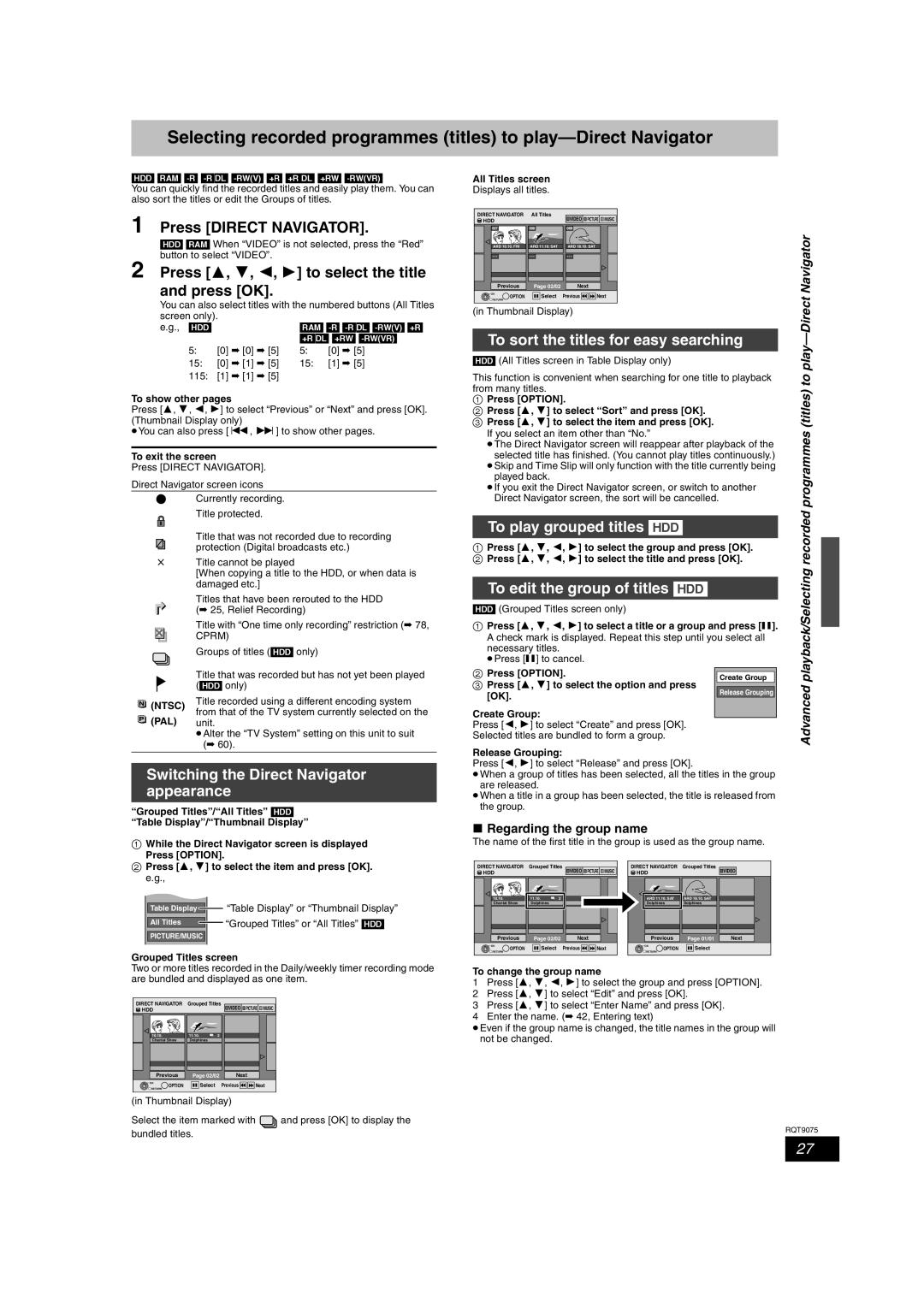 Panasonic DMR-EH68, DMR-EH58 Switching the Direct Navigator appearance, To sort the titles for easy searching 