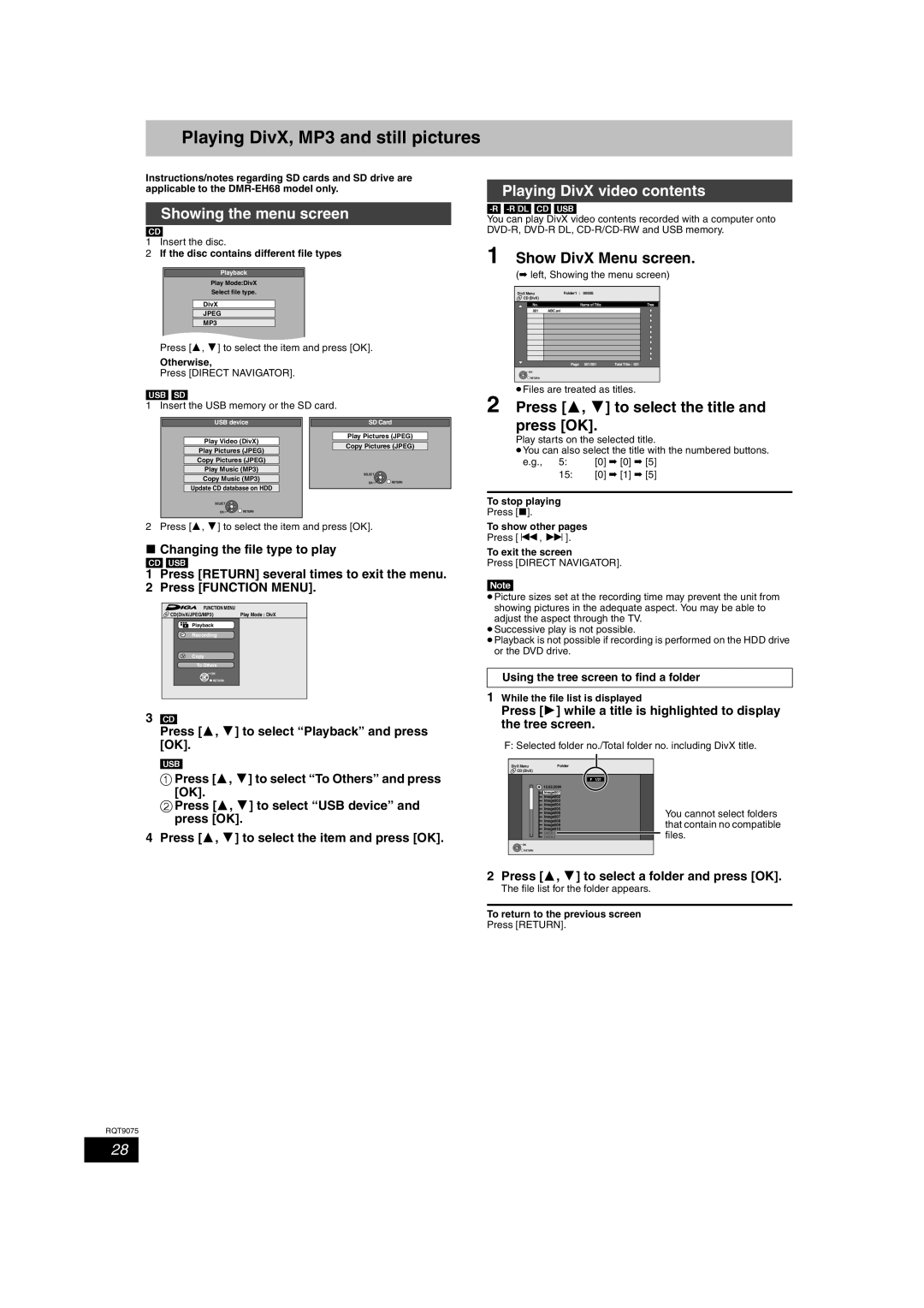 Panasonic DMR-EH58, DMR-EH68 Playing DivX, MP3 and still pictures, Showing the menu screen, Playing DivX video contents 