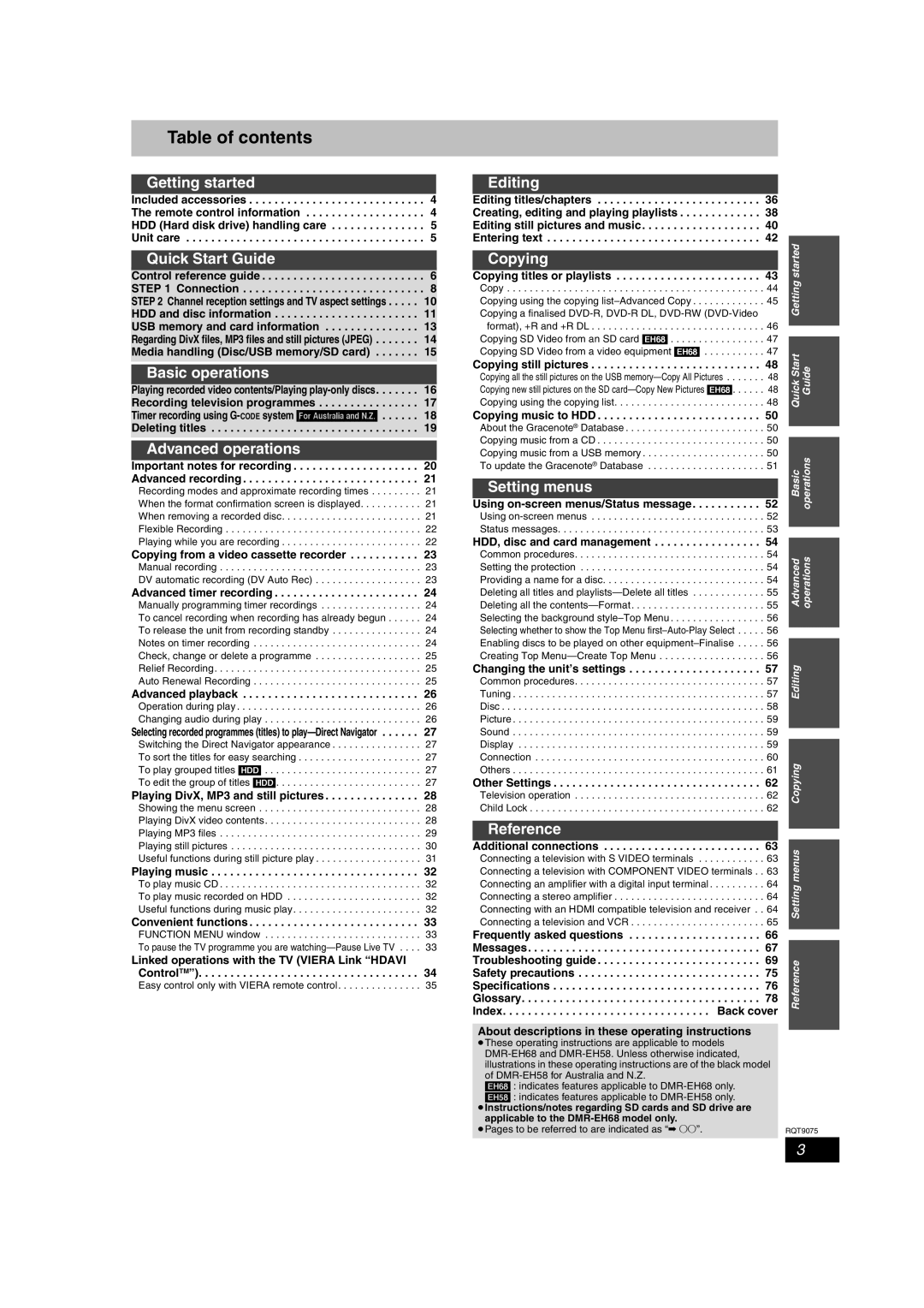 Panasonic DMR-EH68, DMR-EH58 operating instructions Table of contents 