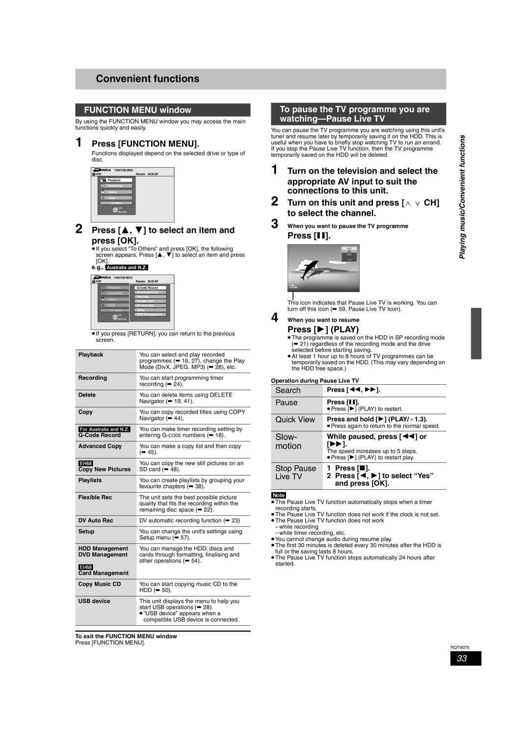 Panasonic DMR-EH68 Convenient functions, Function Menu window, To pause the TV programme you are watching-Pause Live TV 