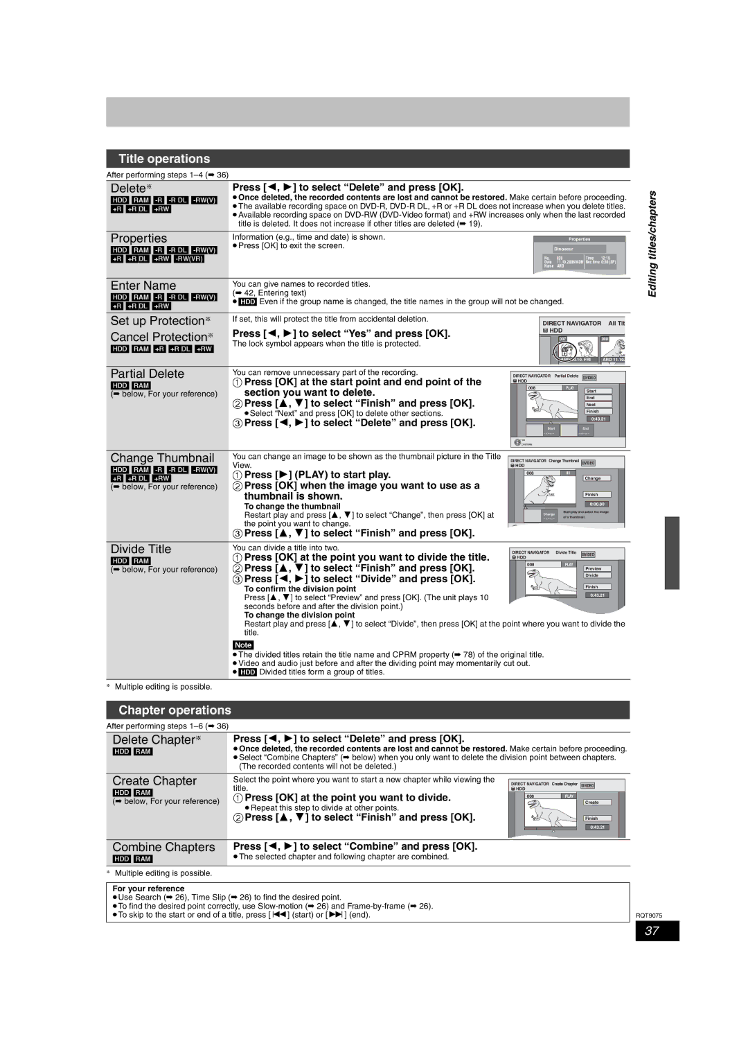 Panasonic DMR-EH68, DMR-EH58 Title operations, Set up Protection §, Cancel Protection, Partial Delete, Change Thumbnail 