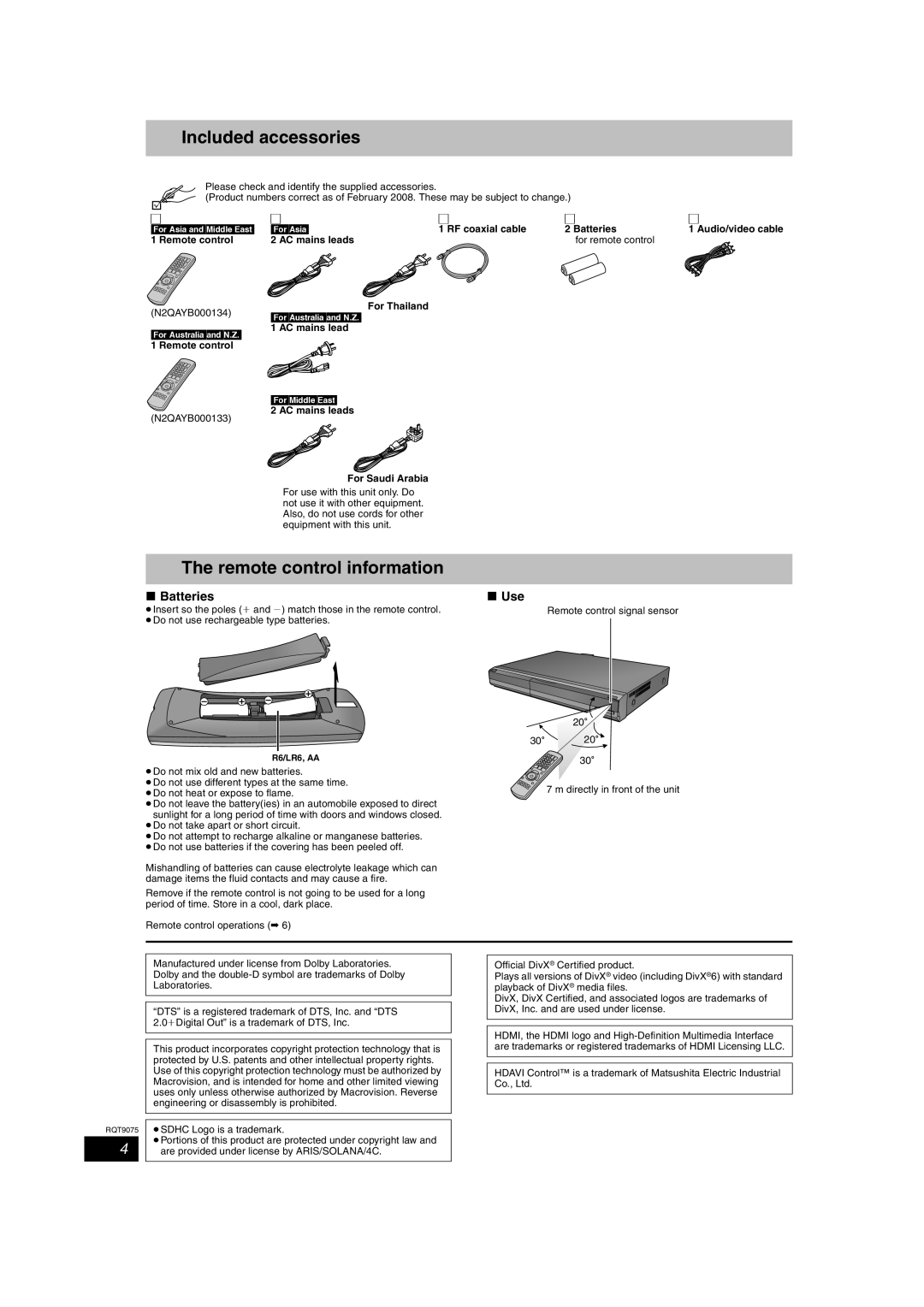 Panasonic DMR-EH58, DMR-EH68 Included accessories, Remote control information, Use, ForAsia RF coaxial cable Batteries 