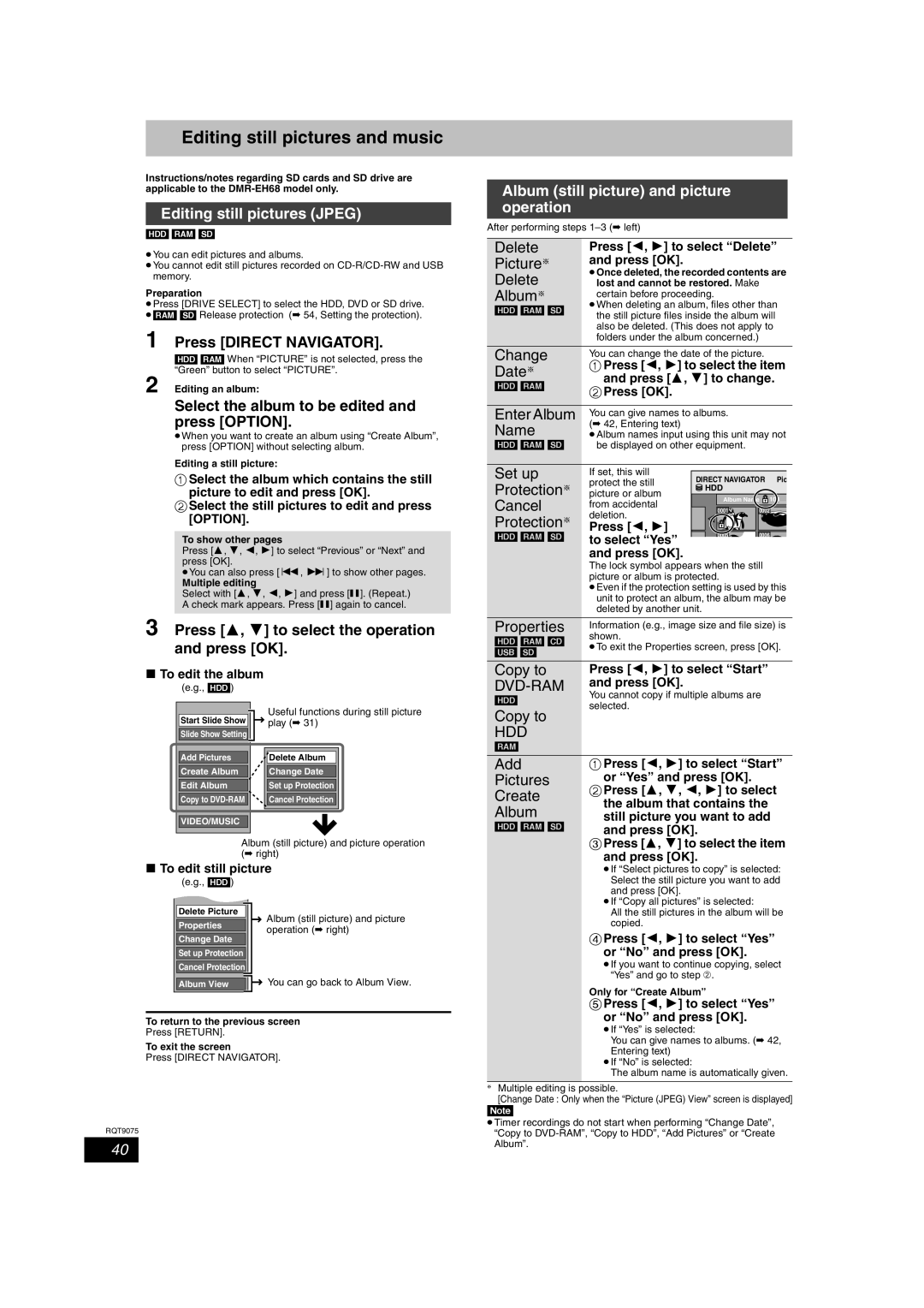 Panasonic DMR-EH58, DMR-EH68 operating instructions Editing still pictures and music, Editing still pictures Jpeg 