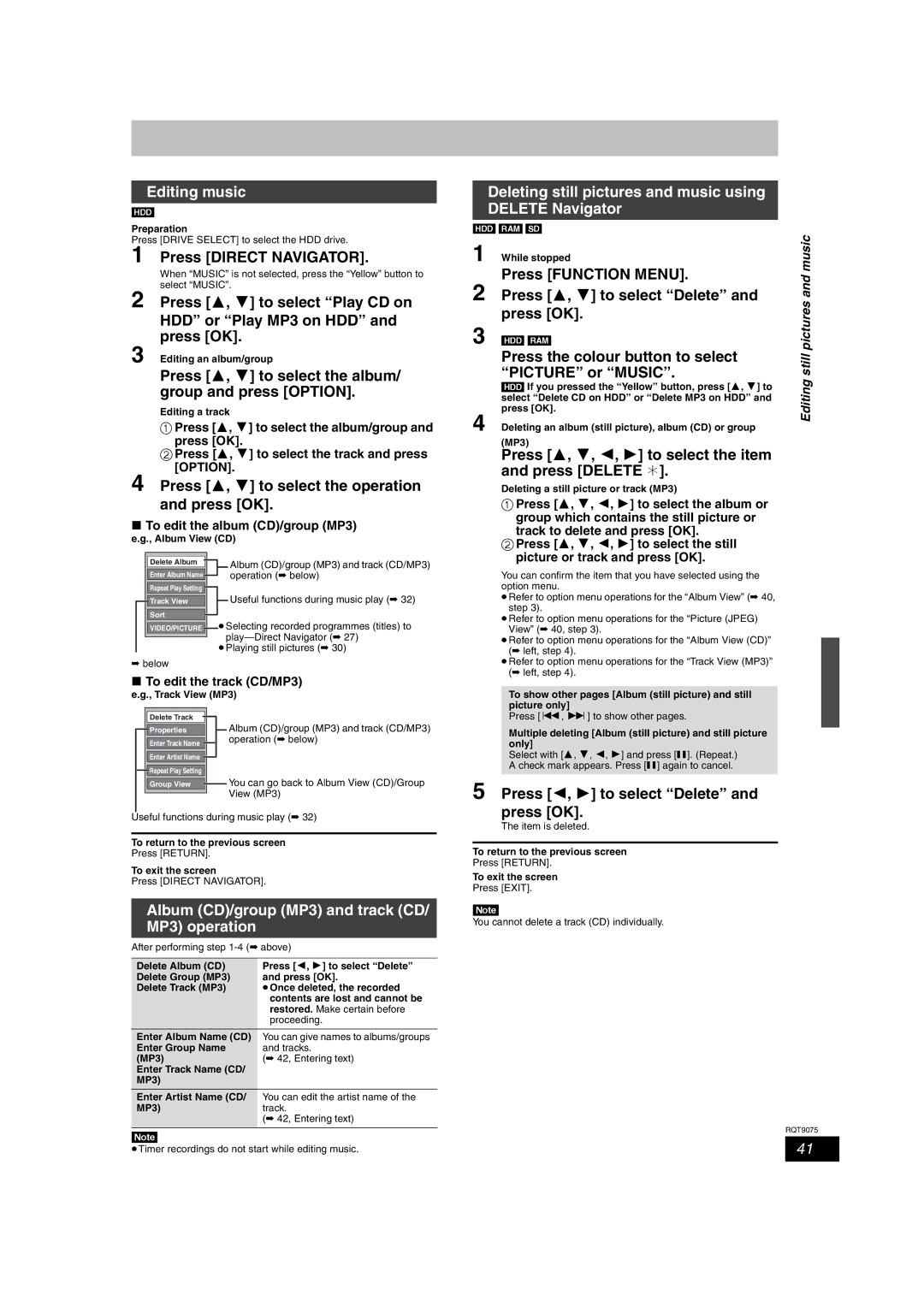 Panasonic DMR-EH68, DMR-EH58 operating instructions Editing music, Album CD/group MP3 and track CD/ MP3 operation 