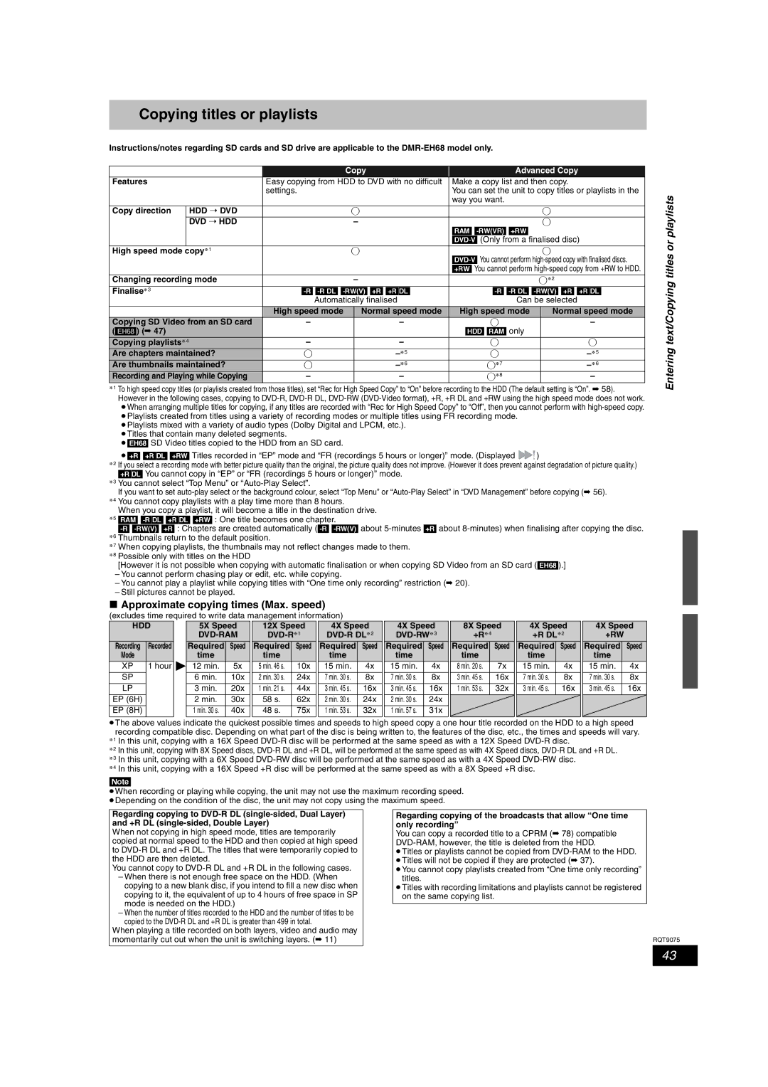 Panasonic DMR-EH68, DMR-EH58 operating instructions Copying titles or playlists, Approximate copying times Max. speed 