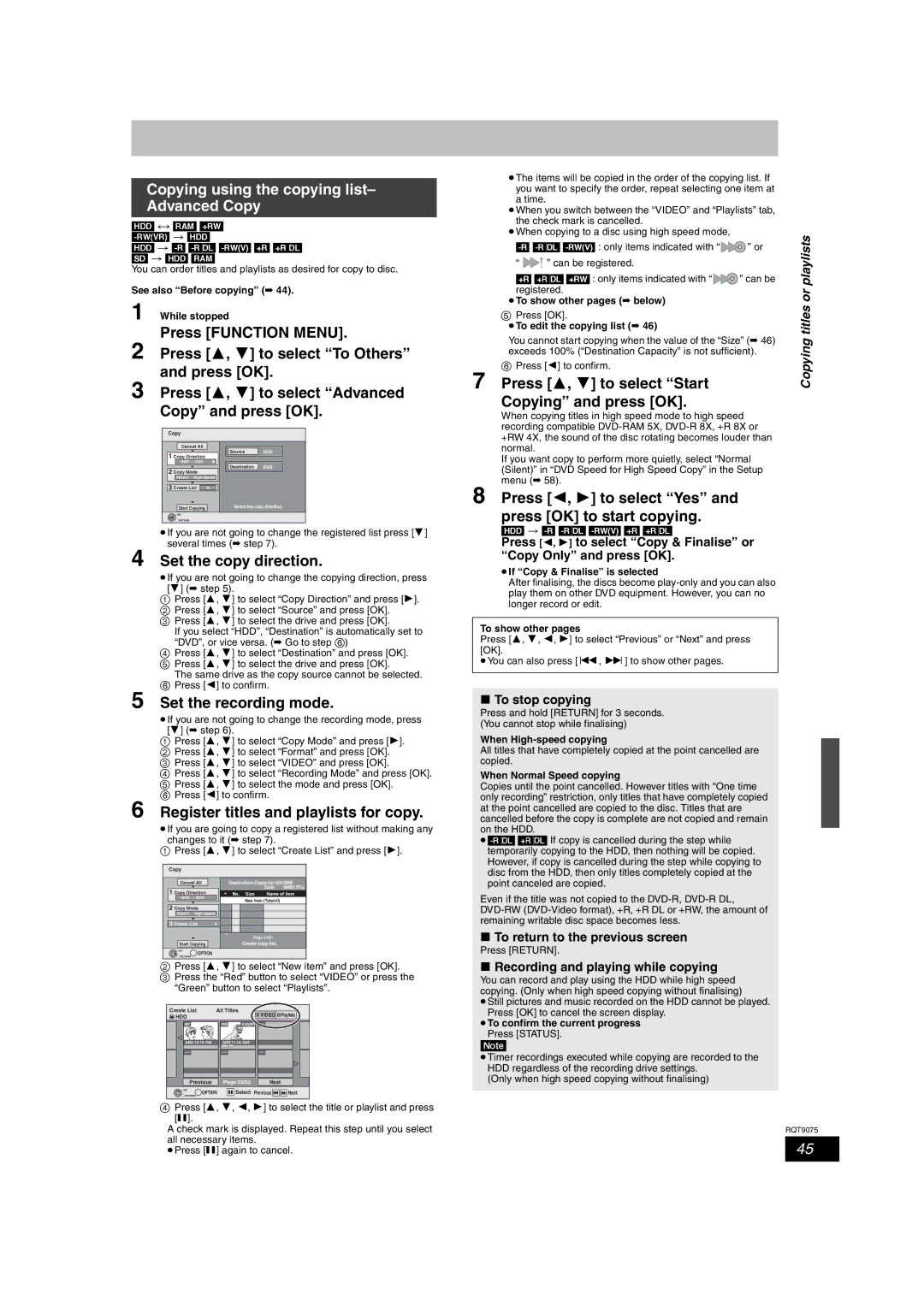 Panasonic DMR-EH68, DMR-EH58 operating instructions Copying using the copying list- Advanced Copy 