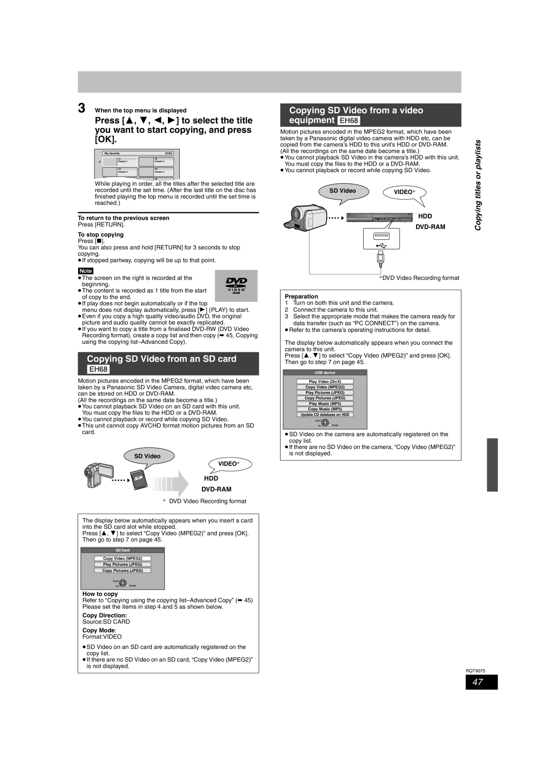 Panasonic DMR-EH68 Copying SD Video from an SD card EH68, Copying SD Video from a video equipment EH68, Video§ Hdd Dvd-Ram 