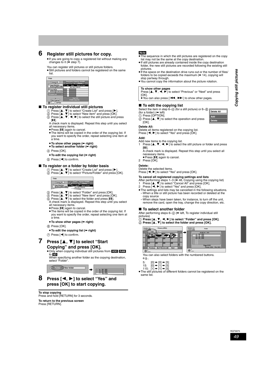 Panasonic DMR-EH68, DMR-EH58 Register still pictures for copy, Press 2, 1 to select Yes, Press OK to start copying 