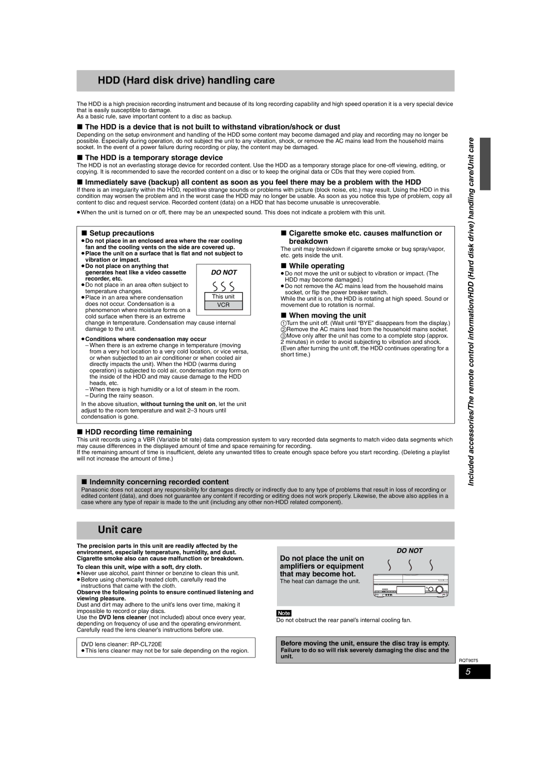 Panasonic DMR-EH68, DMR-EH58 operating instructions HDD Hard disk drive handling care, Handling care/Unit care, Included 