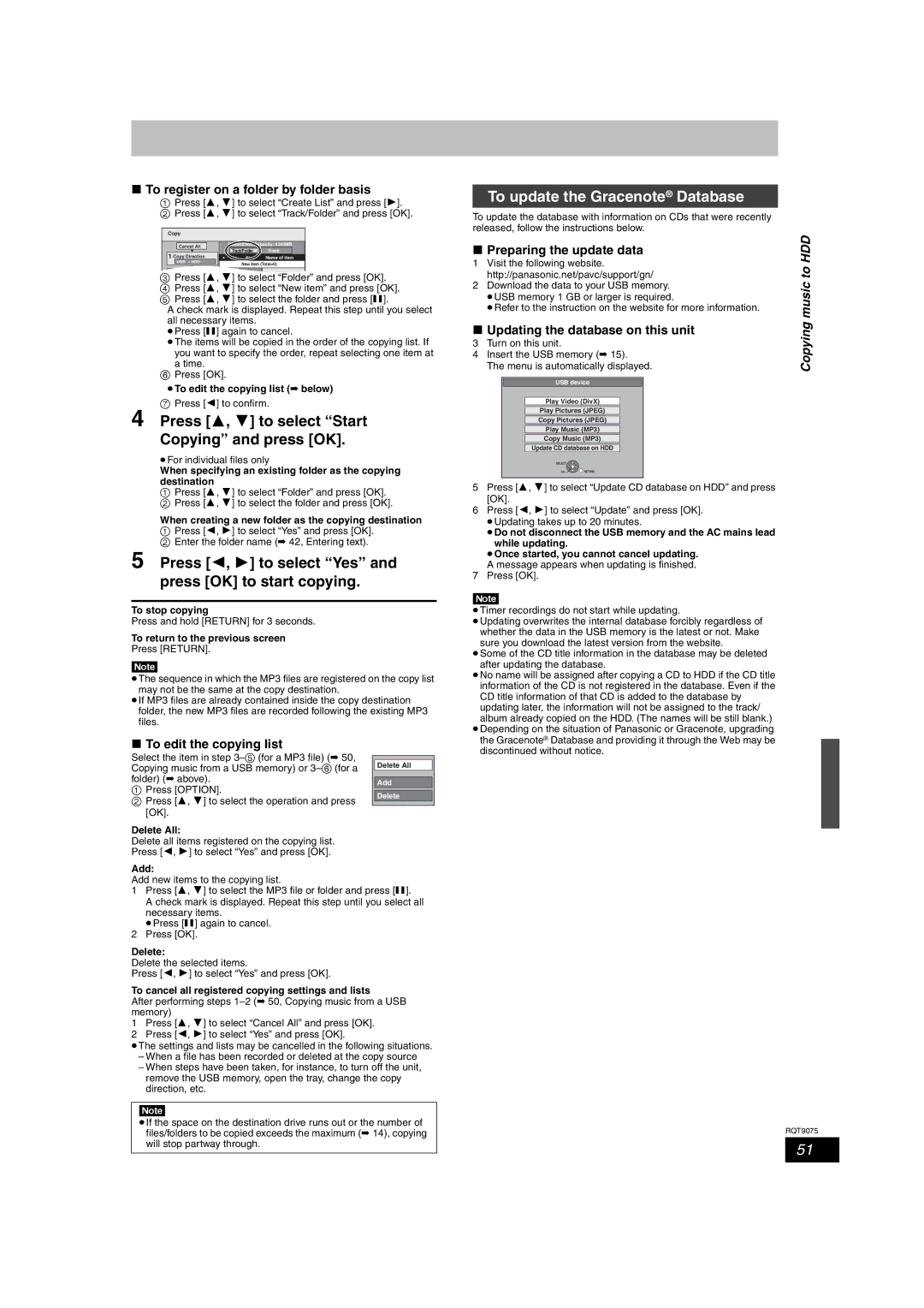 Panasonic DMR-EH68, DMR-EH58 Press 2, 1 to select Yes and press OK to start copying, To update the Gracenote Database 