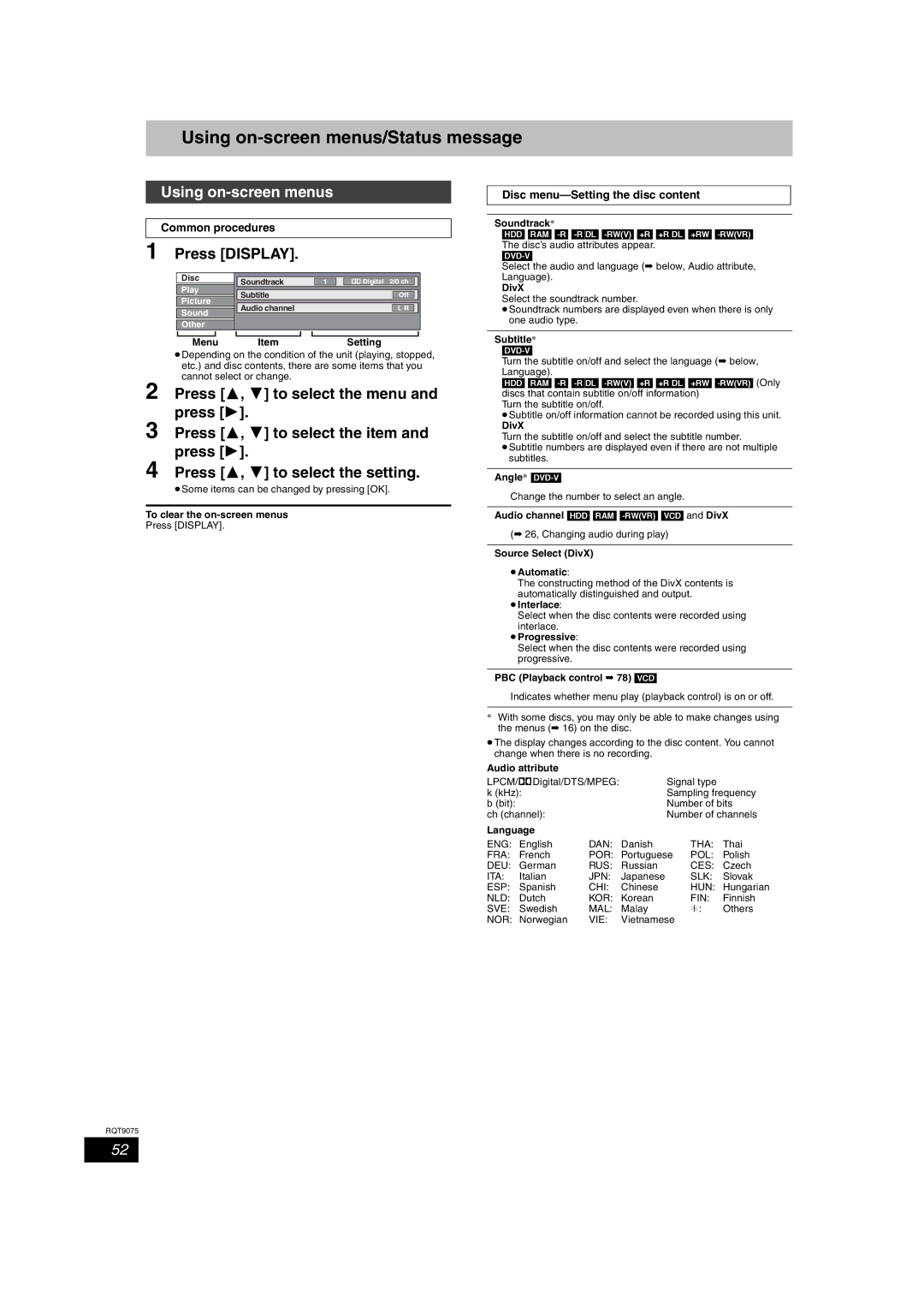 Panasonic DMR-EH58, DMR-EH68 operating instructions Using on-screen menus/Status message, Press Display, Common procedures 