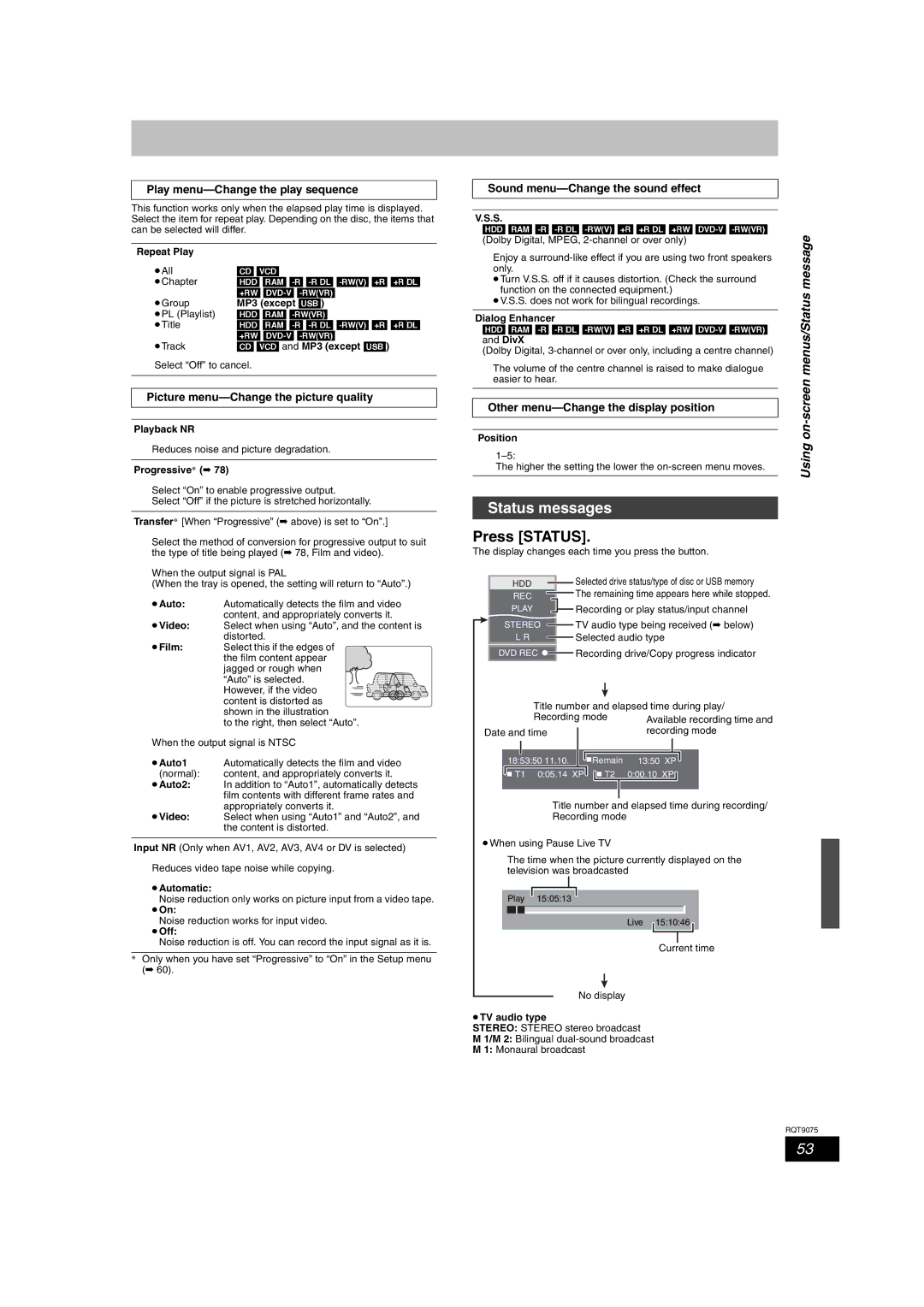 Panasonic DMR-EH68, DMR-EH58 operating instructions Status messages, Press Status 