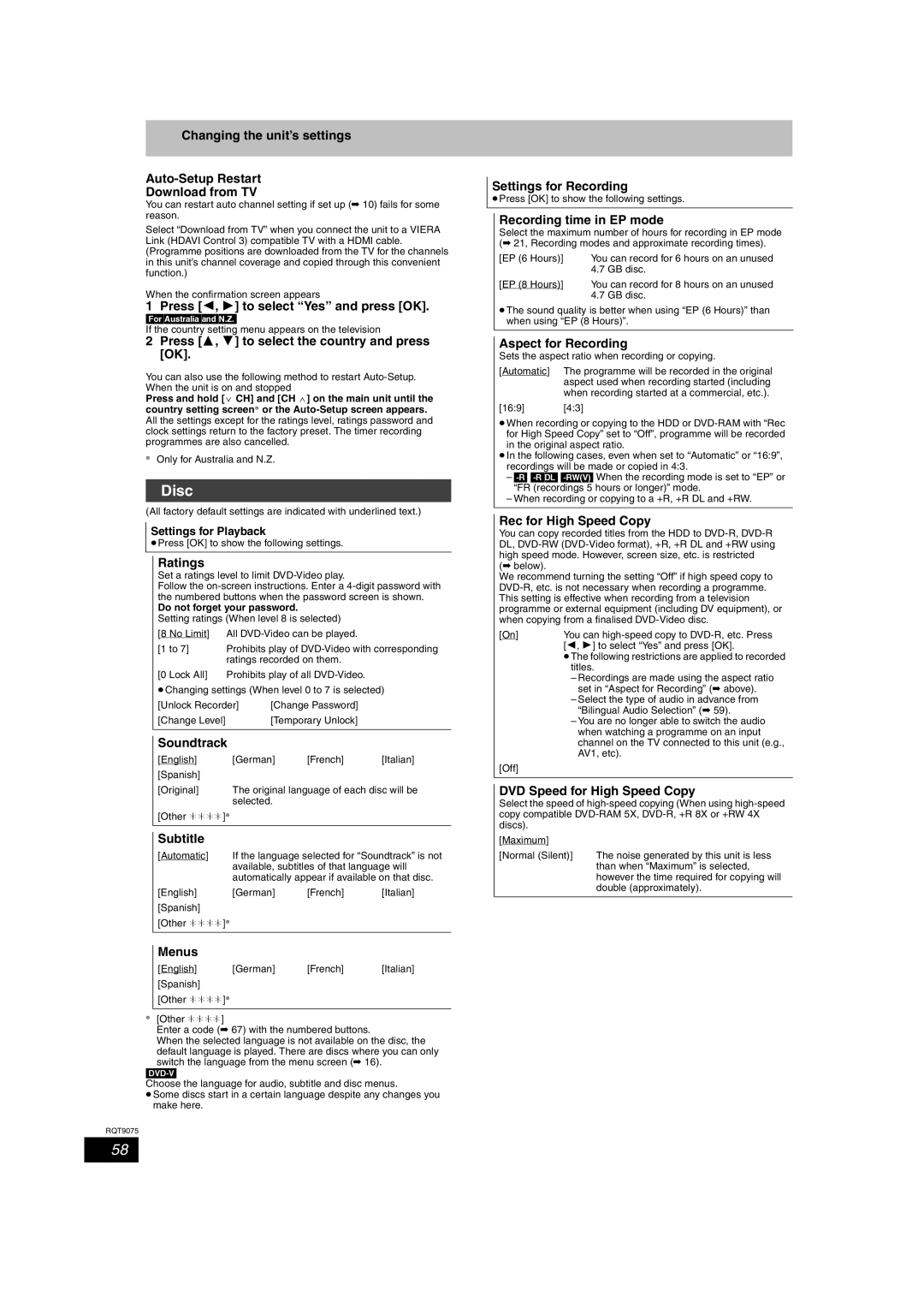 Panasonic DMR-EH58, DMR-EH68 operating instructions Disc 