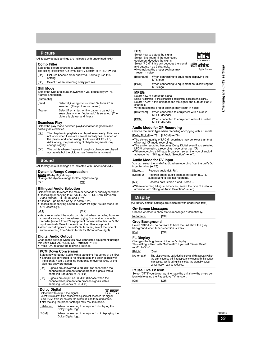 Panasonic DMR-EH68, DMR-EH58 operating instructions Picture, Sound, Display 