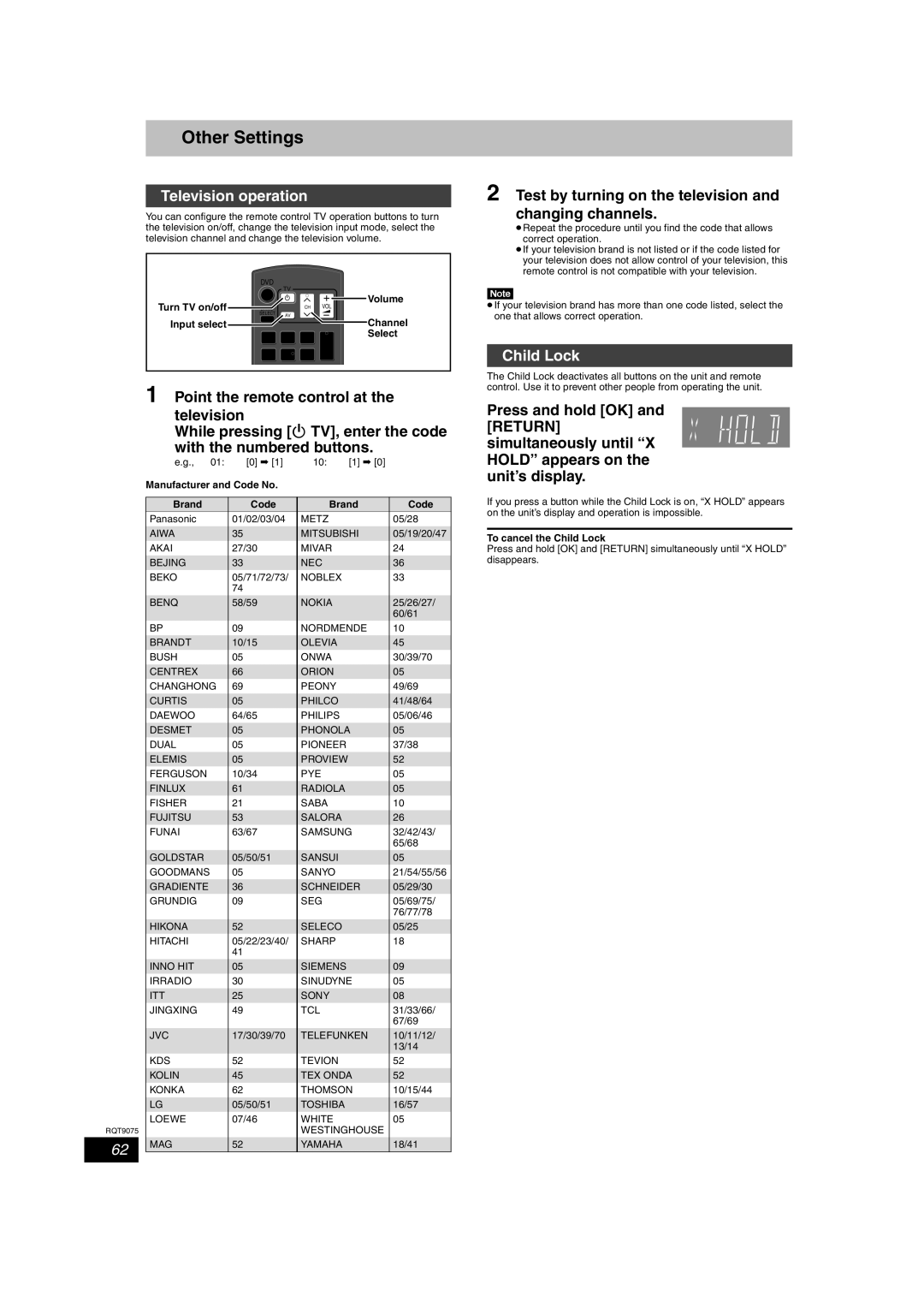 Panasonic DMR-EH58, DMR-EH68 Other Settings, Television operation, Test by turning on the television and changing channels 