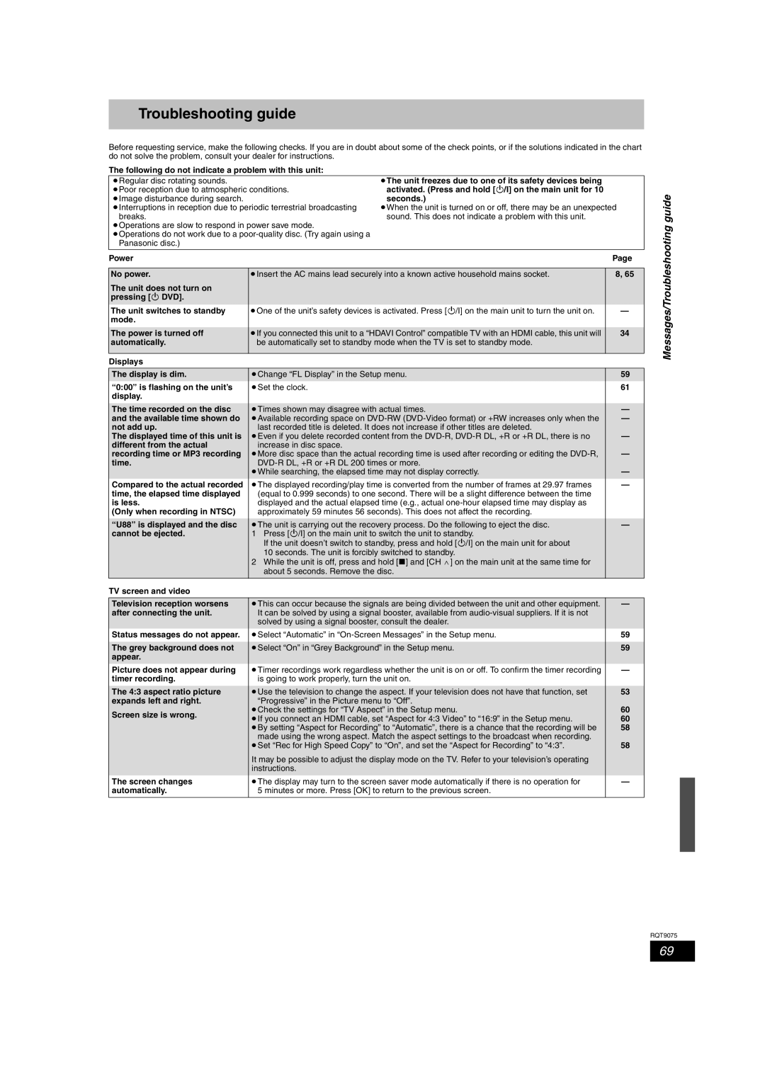 Panasonic DMR-EH68, DMR-EH58 operating instructions Troubleshooting guide 