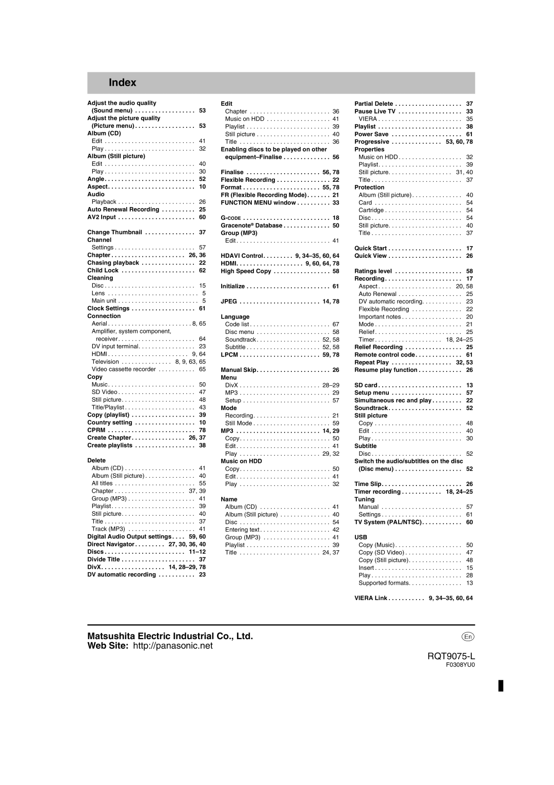 Panasonic DMR-EH58, DMR-EH68 operating instructions Index, Web Site http//panasonic.net RQT9075-L 