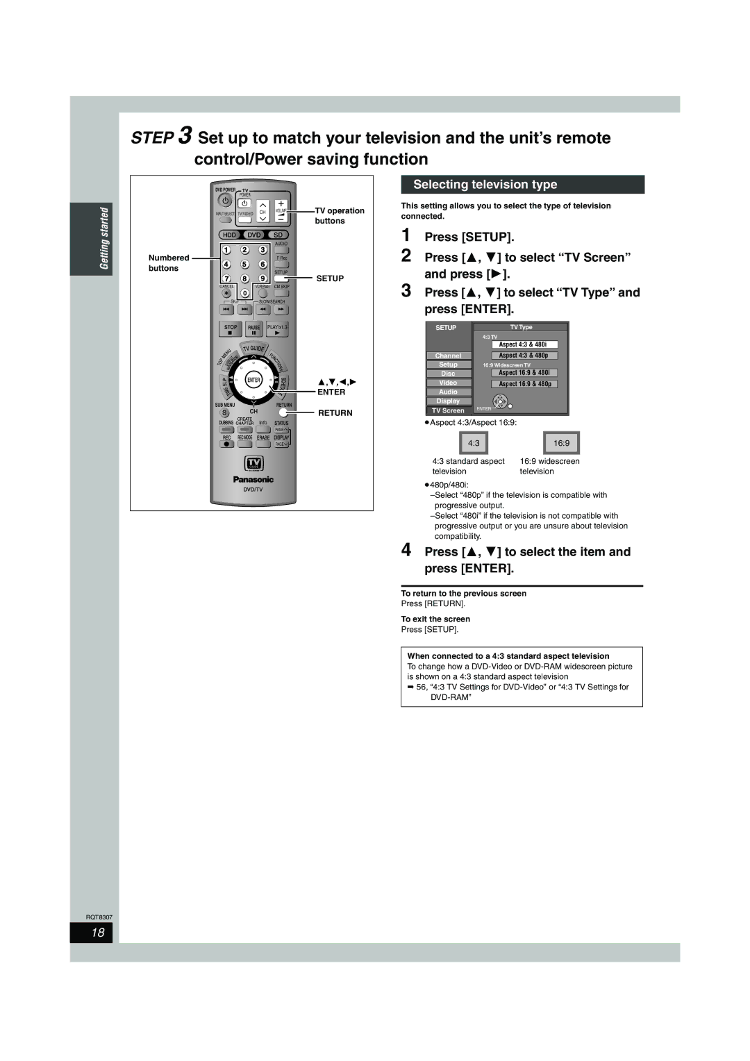 Panasonic DMR-EH60 Selecting television type, Press 3, 4 to select the item and press Enter, Return, ≥Aspect 43/Aspect 