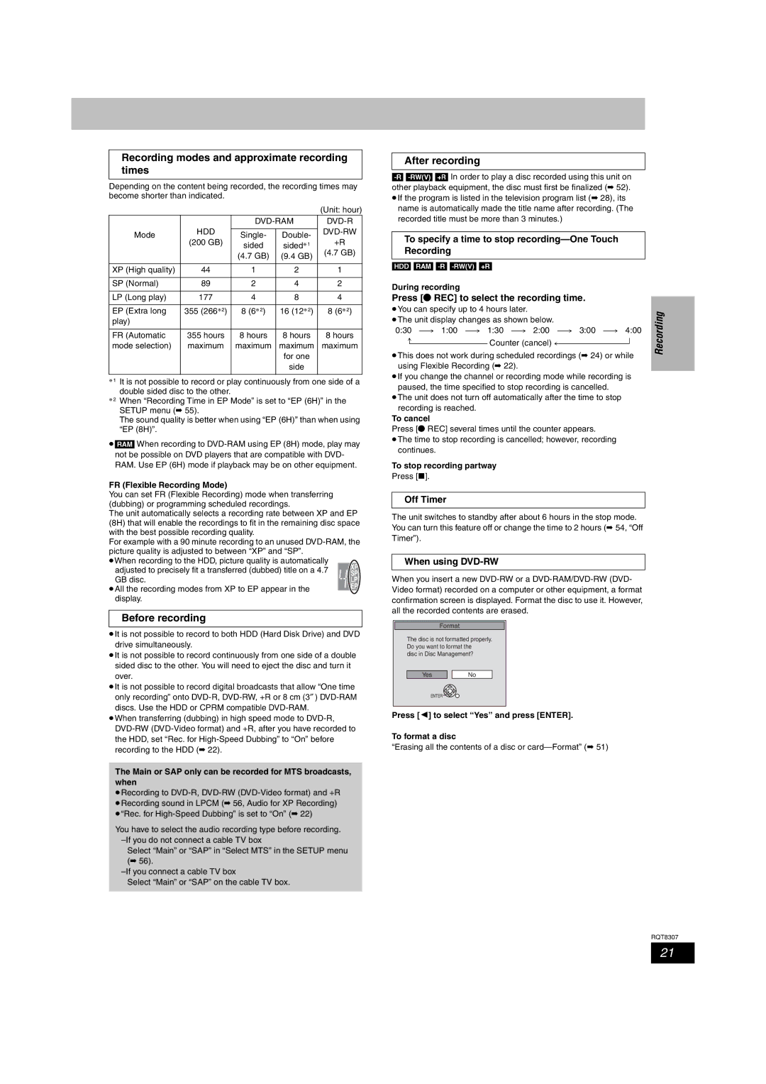 Panasonic DMR-EH60 warranty Recording modes and approximate recording times, Before recording, After recording 