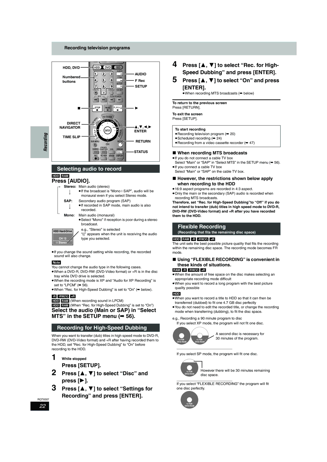 Panasonic DMR-EH60 warranty Selecting audio to record, Press Audio, Flexible Recording, Recording for High-Speed Dubbing 