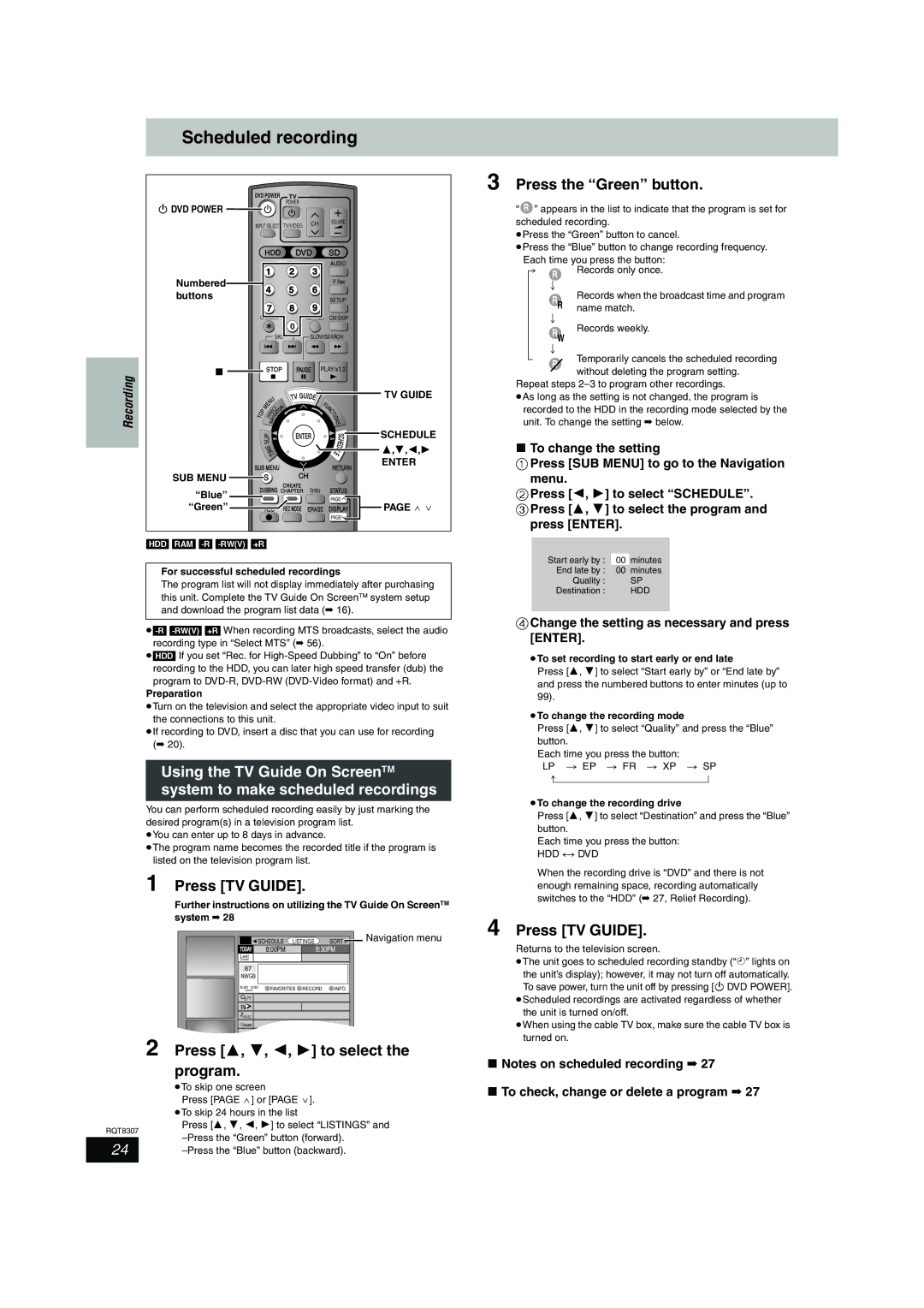 Panasonic DMR-EH60 Scheduled recording, Press the Green button, Press TV Guide, Press 3, 4, 2, 1 to select, Program 