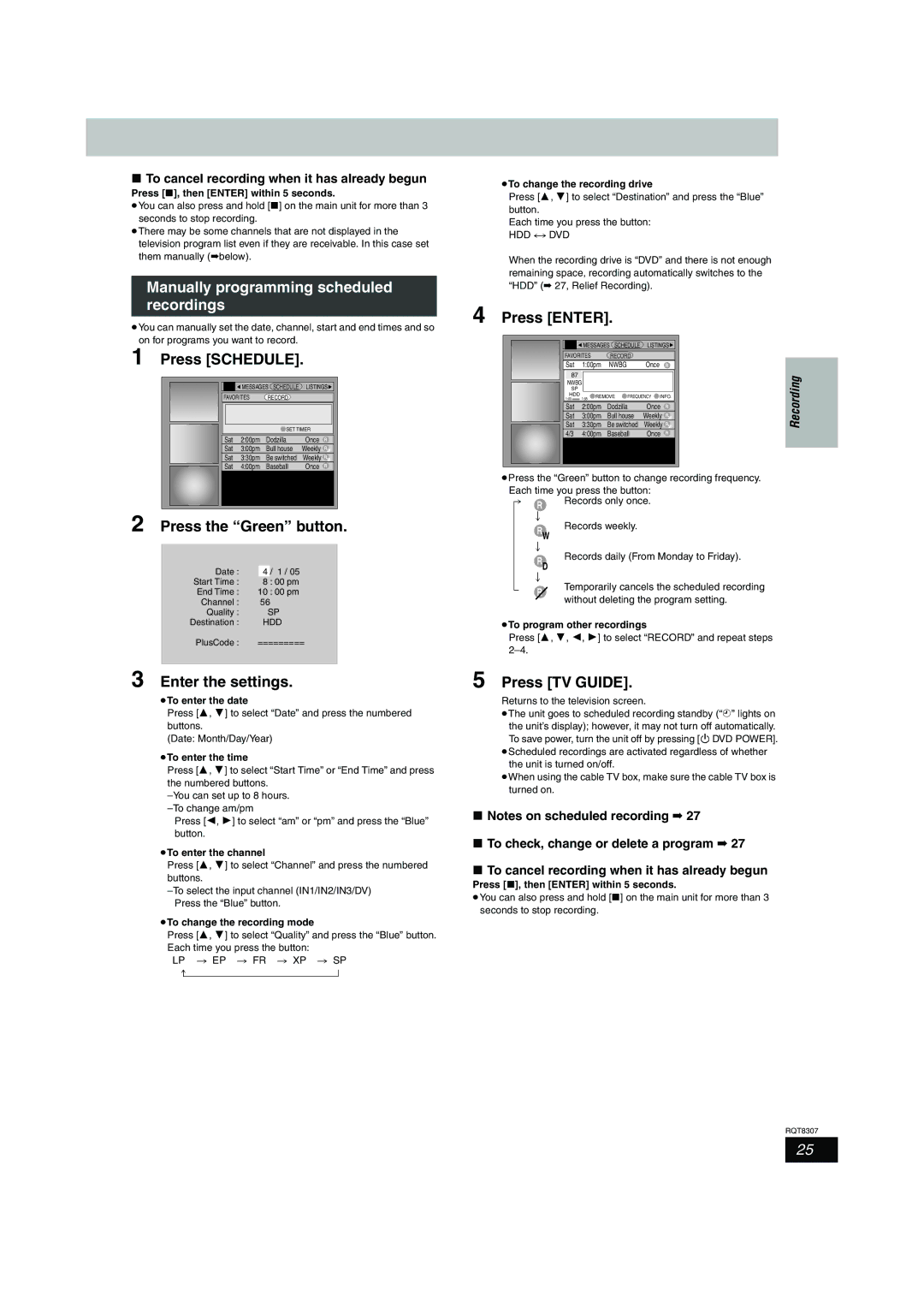 Panasonic DMR-EH60 warranty Manually programming scheduled recordings, Press Schedule, Enter the settings 